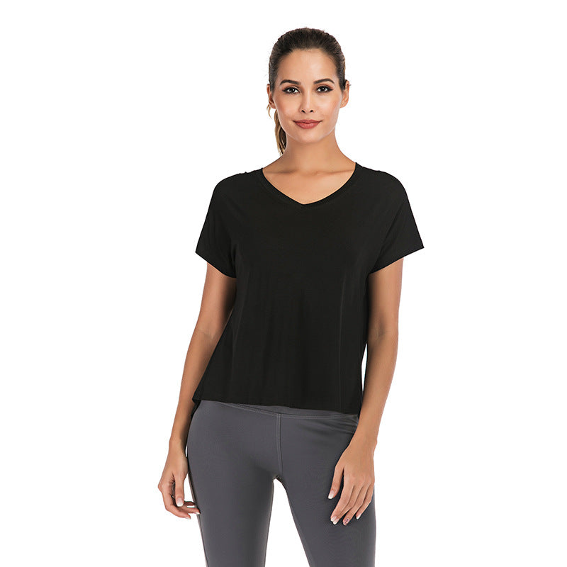 Women's V-Neck Open Back Sports Tee – Loose Fit Hi-Lo Hem Top in Blue, Black & White S-L | The Pretty Pistol