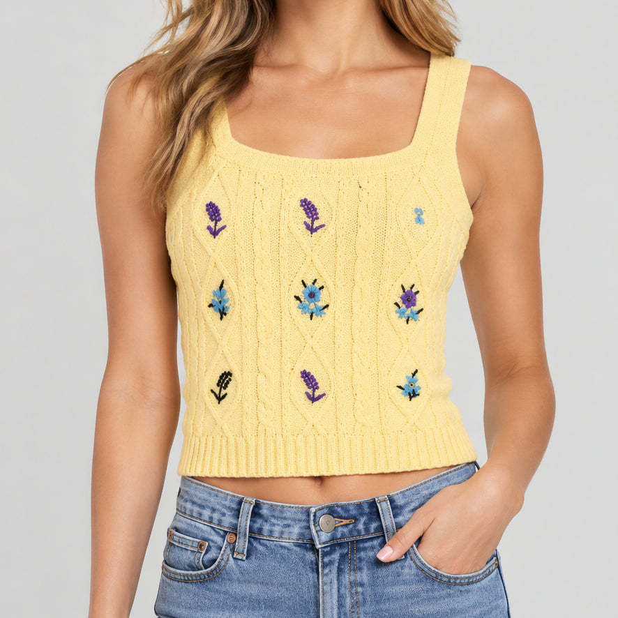 Women’s Floral Cable-Knit Tank in Yellow – Embroidered Flowers, Square Neckline, Cropped Hem, One Size | The Pretty Pistol