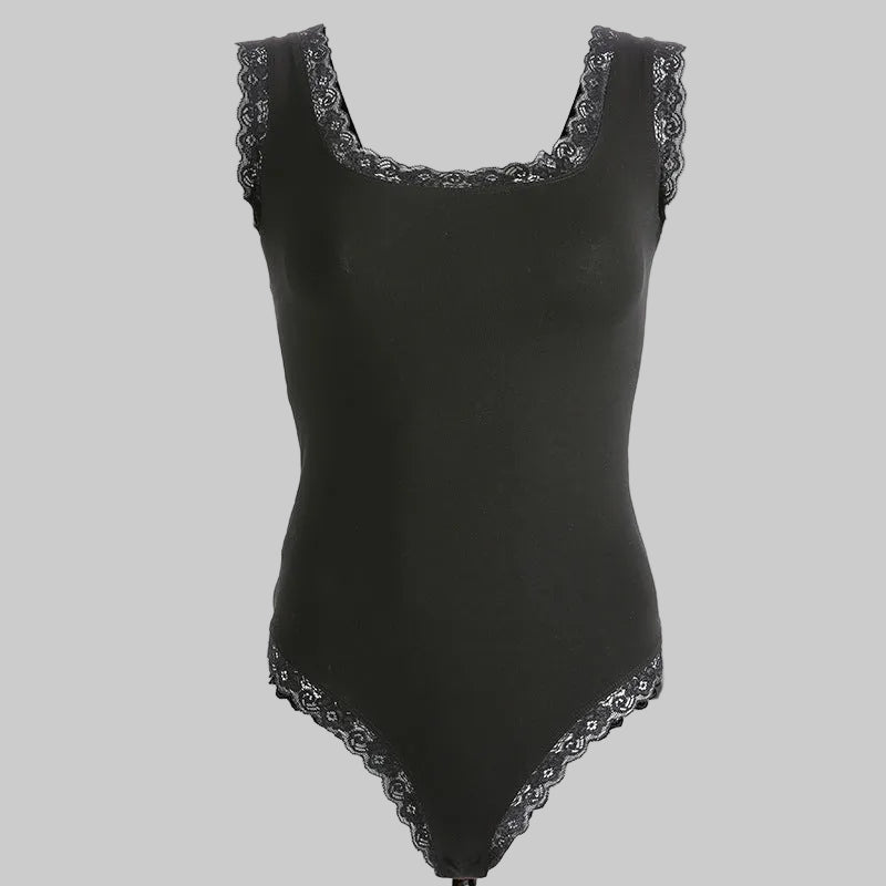  Women’s Wild Side Lace-Up Back Bodysuit in Black – Lace Trim, Square Neckline, Ribbon Back, Sizes S–L | The Pretty Pistol