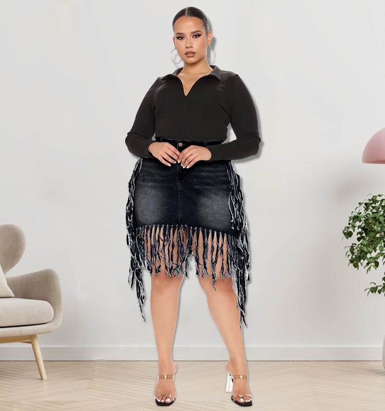 Fringed Plus-Size Denim Skirt for Women up to 5XL