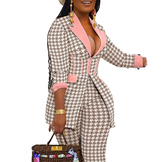 Chic Plus Size Houndstooth Suit Set