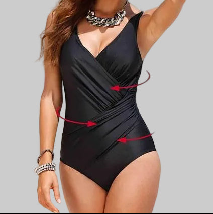 Black wrap-front crossover V-neck one-piece swimsuit with wide shoulder straps and horizontal ruching across the waist and hip for a slimming silhouette sizes m-5xl | The Pretty Pistol