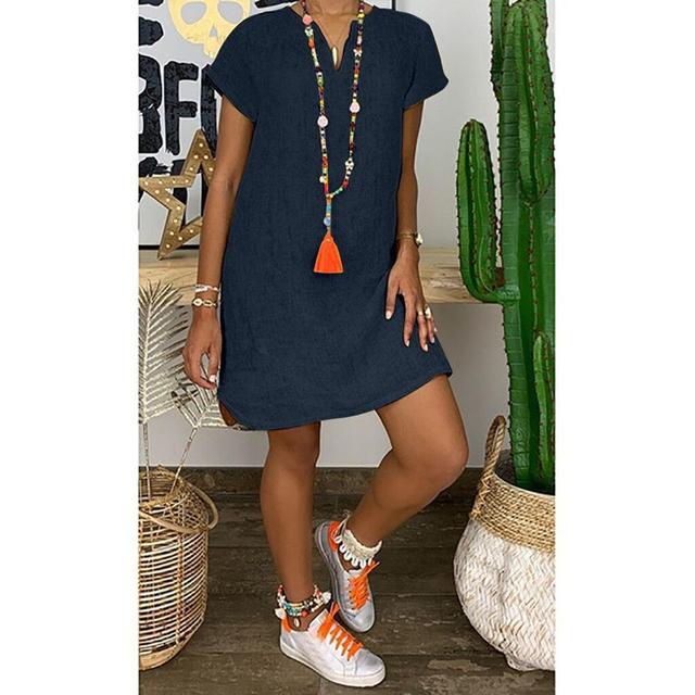 Casual V-Neck Cotton Linen Dress in Several Colors up to 5XL