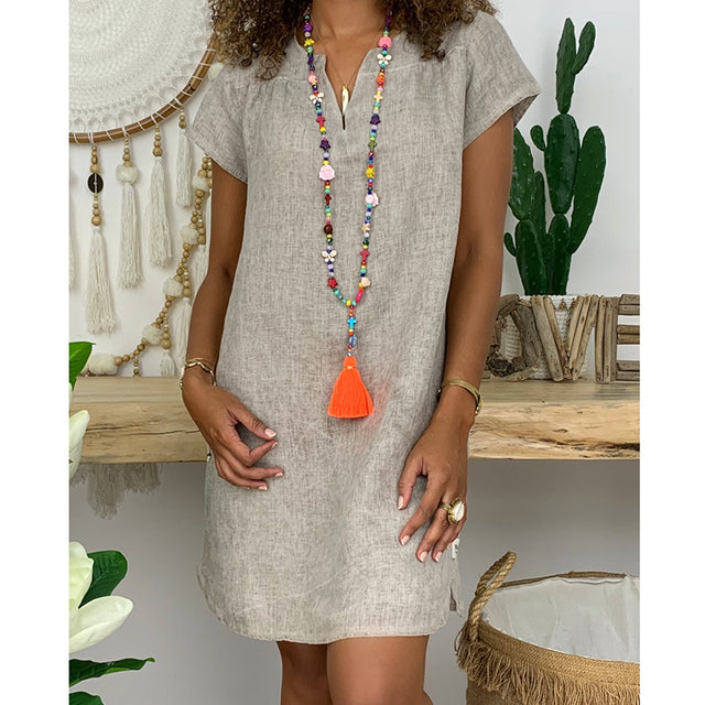 Casual V-Neck Cotton Linen Dress in Several Colors up to 5XL