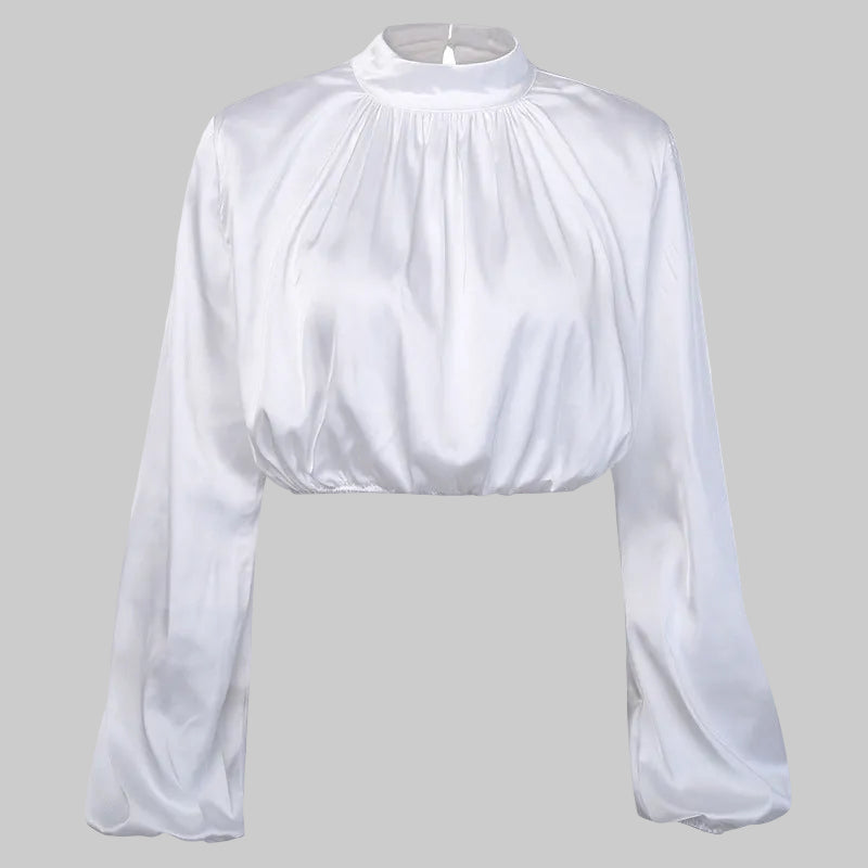 White satin lantern sleeve crop blouse showing gathered mock neckline and oversized puff sleeve detail | The Pretty Pistol