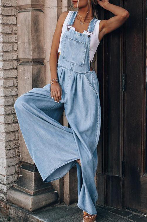  Wide-Leg Denim Overalls with Adjustable Suspenders in Light Blue – Sizes S-2XL | The Pretty Pistol