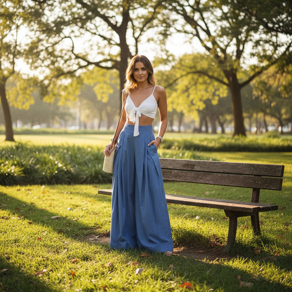 High Waist Wide Leg Palazzo Pants in Light Blue - Pleated Front Side Pockets Flowy Silhouette Sizes M-5XL | The Pretty Pistol