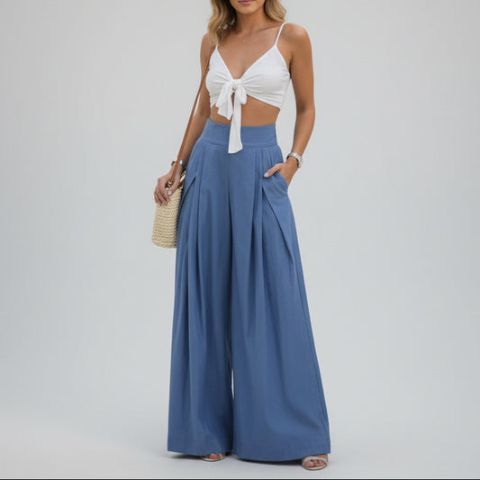 High Waist Wide Leg Palazzo Pants in Light Blue - Pleated Front Side Pockets Flowy Silhouette Sizes M-5XL | The Pretty Pistol