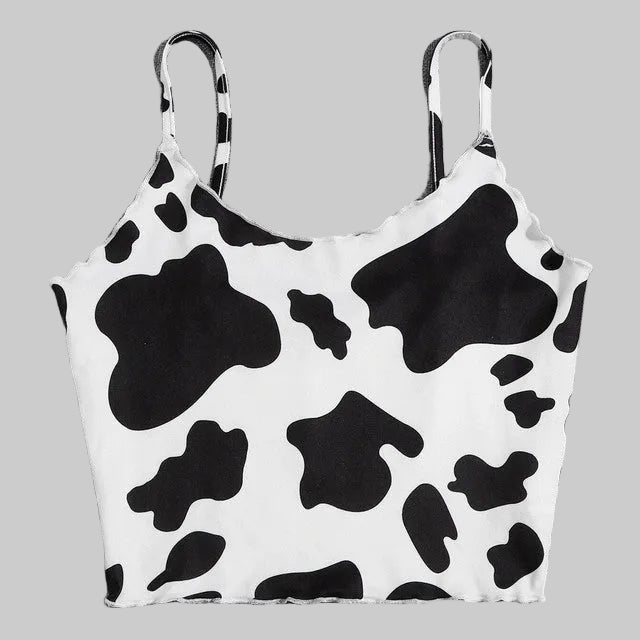 Women’s Western Cow Print Spaghetti Strap Top in Black and White – Scoop Neck Crop Top, Sizes S–XL | The Pretty Pistol