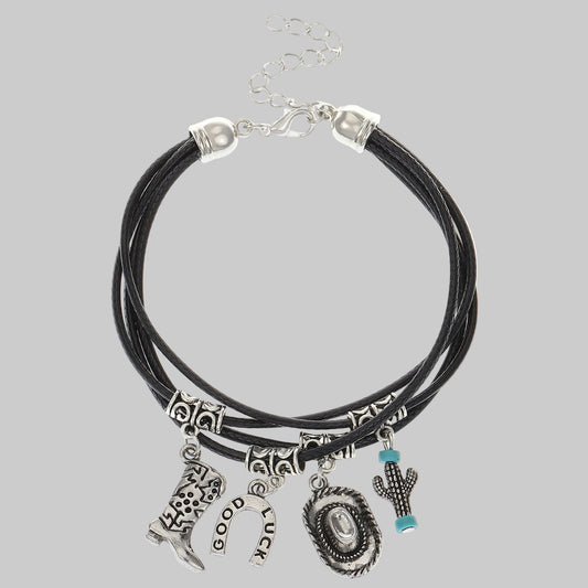 Boho Charm Bracelet Black - Triple Strand Leather Cord Cowboy Boot Horseshoe Hat Cactus Turquoise Bead | The Pretty Pistol