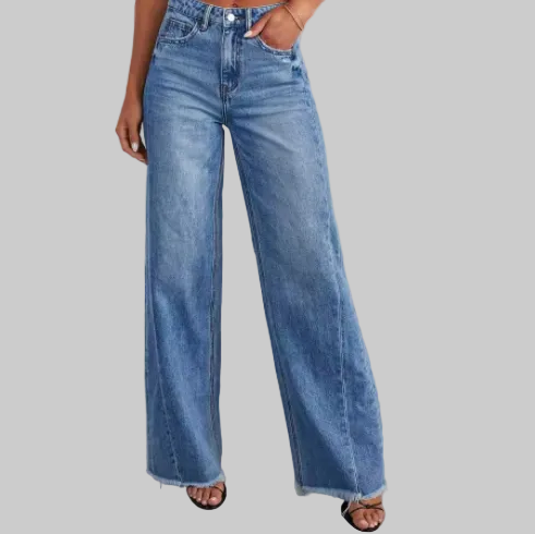 High waist straight leg jeans in medium blue denim with raw frayed hem | The Pretty Pistol