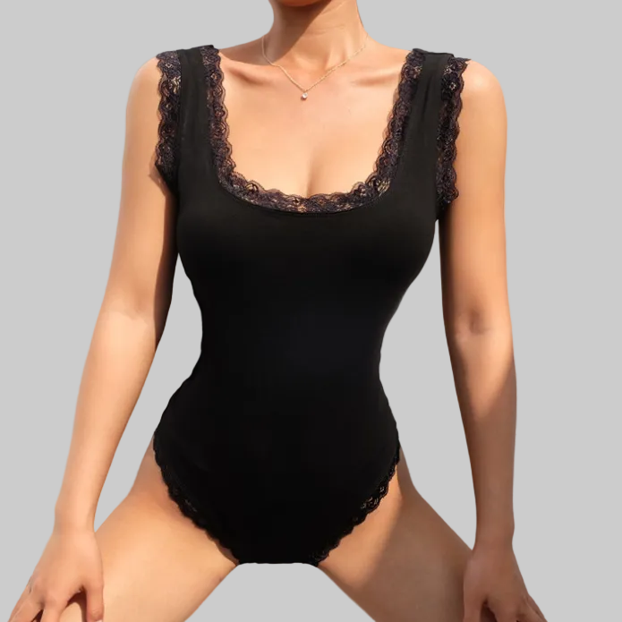  Women’s Wild Side Lace-Up Back Bodysuit in Black – Lace Trim, Square Neckline, Ribbon Back, Sizes S–L | The Pretty Pistol