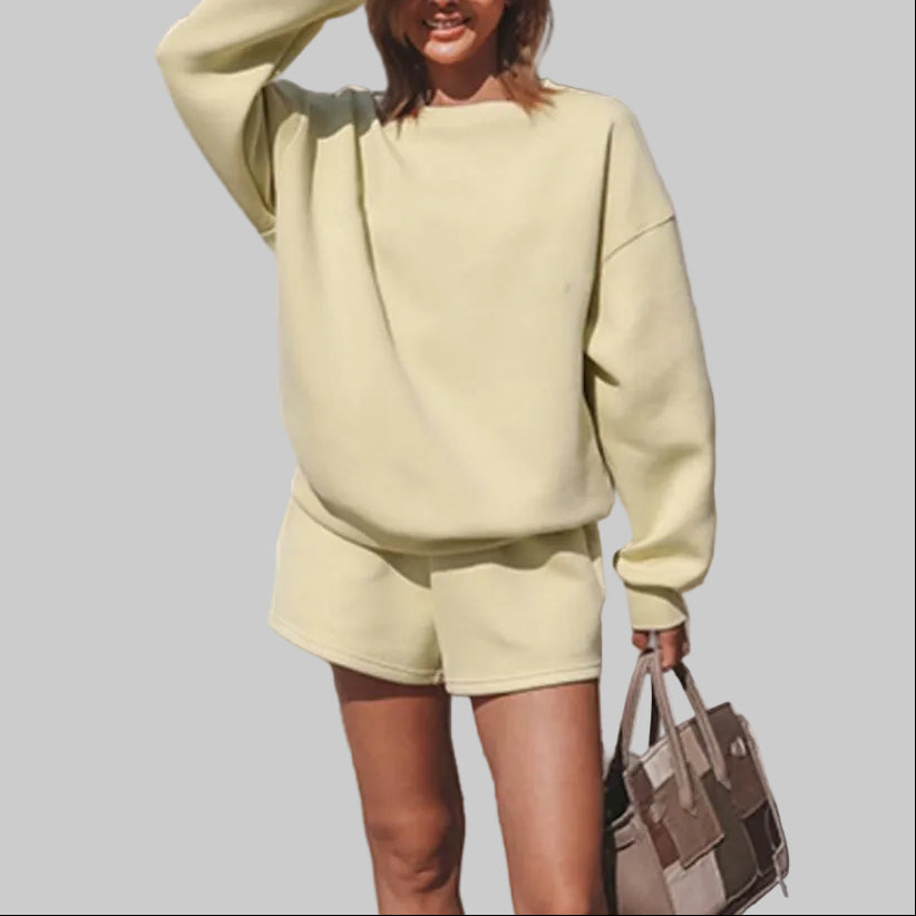 Women’s Off Duty Crewneck Sweatshirt & Shorts Set in Yellow – Dropped Shoulders and Pull-On Shorts, Sizes S–XL | The Pretty Pistol