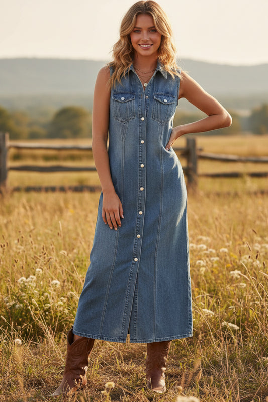Sleeveless Button-Front Denim Maxi Dress with Snap Pockets