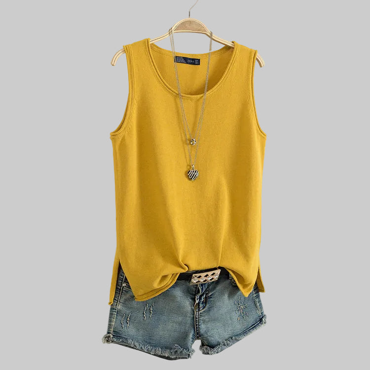 Women’s Everyday Scoop-Neck Tank in Mustard Yellow – Sleeveless Relaxed Fit, Side Slits, Sizes M–2XL | The Pretty Pistol