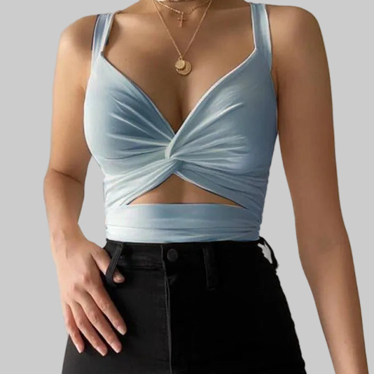 Women’s Twist-Front Cutout Tank in Light Blue – V Neck, Twisted Front, Cropped Fit, Sizes S–XL | The Pretty Pistol