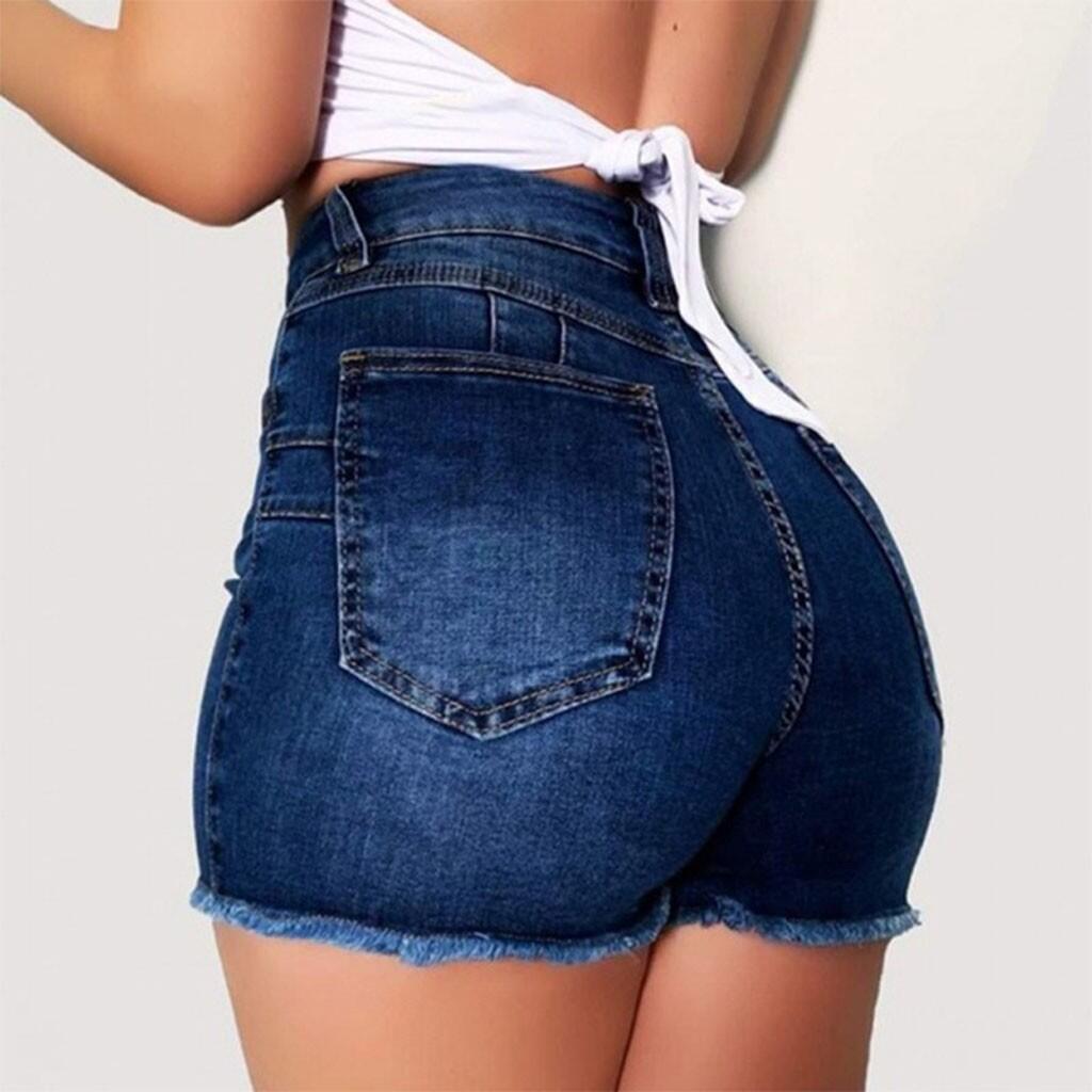 Elastic Slim Fit Ripped Fringe Denim Shorts for Women up to 3XL