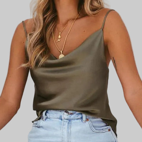 Women’s Draped Cowl Tank in Bronze – Glossy Finish, Slim Straps, Draped Neckline, Sizes S–3XL | The Pretty Pistol