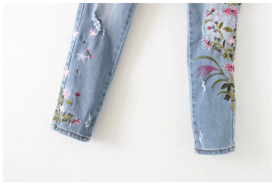 Spring Floral Embroidery High-Waisted Distressed Jeans