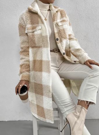 Women Long Plaid Fleece Jacket