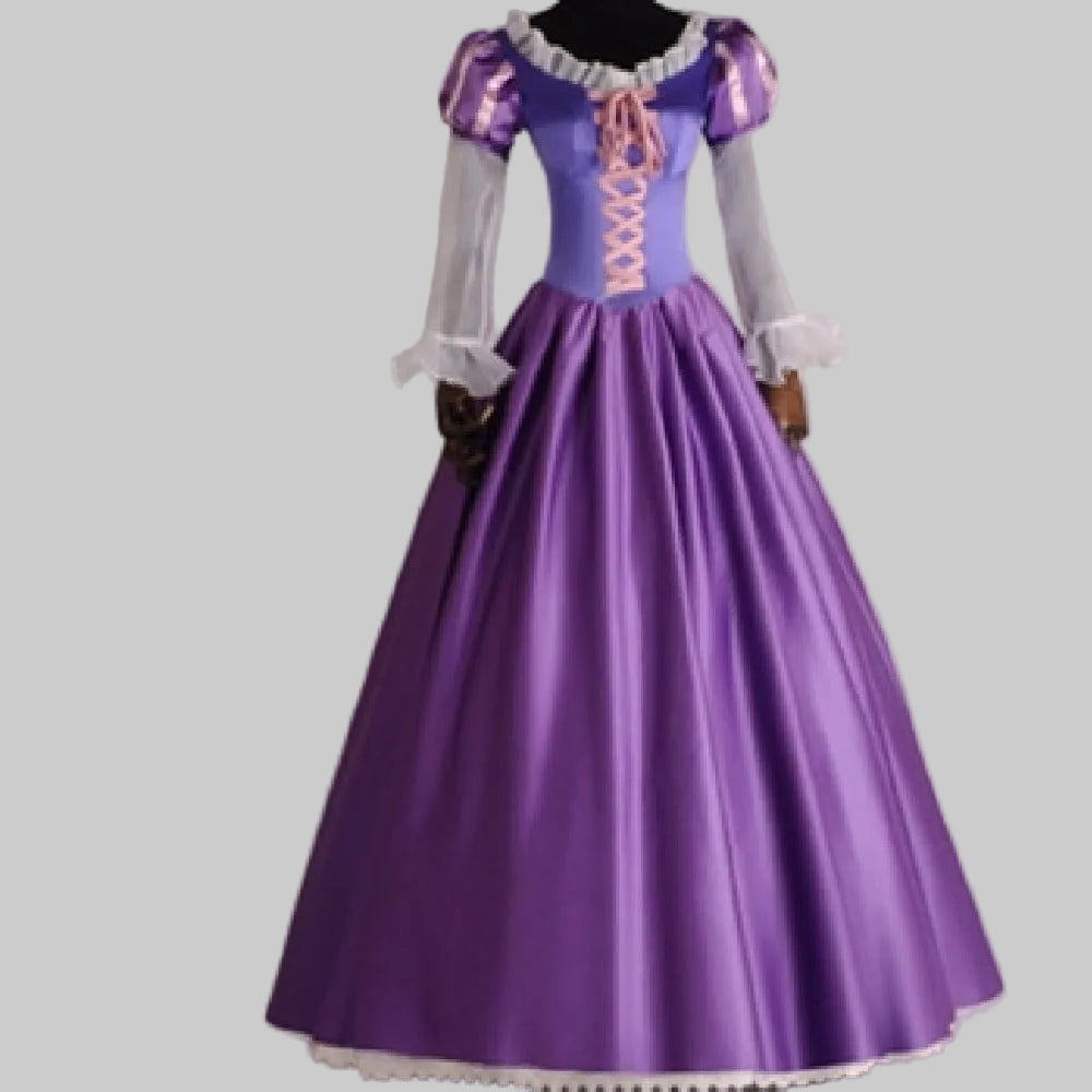 Rapunzel princess costume ball gown in purple and lavender satin with lace-up corset bodice, puff sleeves, ruffled white collar, and full skirt | The Pretty Pistol