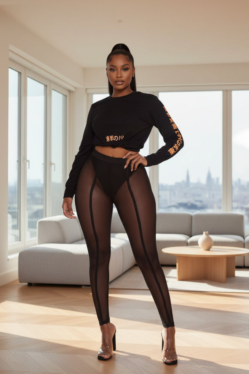 Sheer Mesh Leggings in Black - Vertical Seam Detail Solid Waistband Full Length Sizes S-2XL | The Pretty Pistol