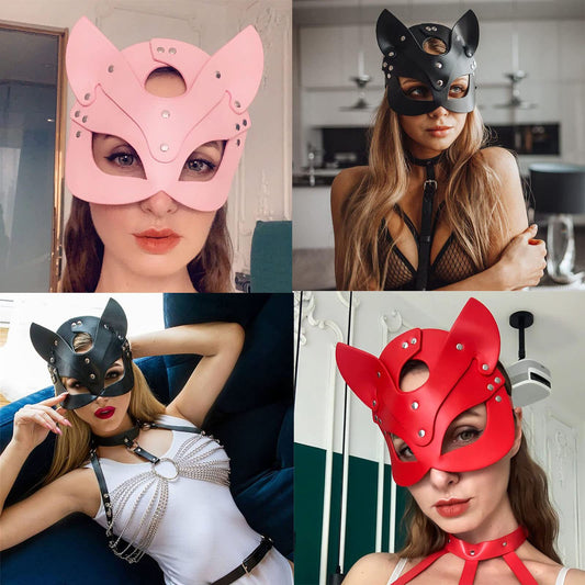 PU Leather Cat Ear Half Mask with Silver Studs