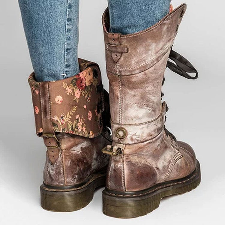 Vintage Round Toe Flat  Boots with Lace-Up Design
