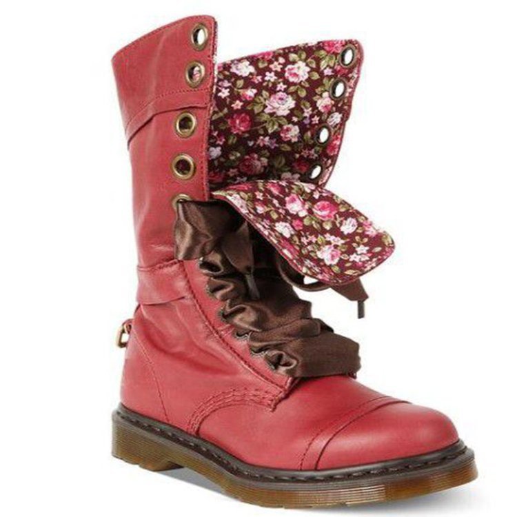 Vintage Round Toe Flat  Boots with Lace-Up Design