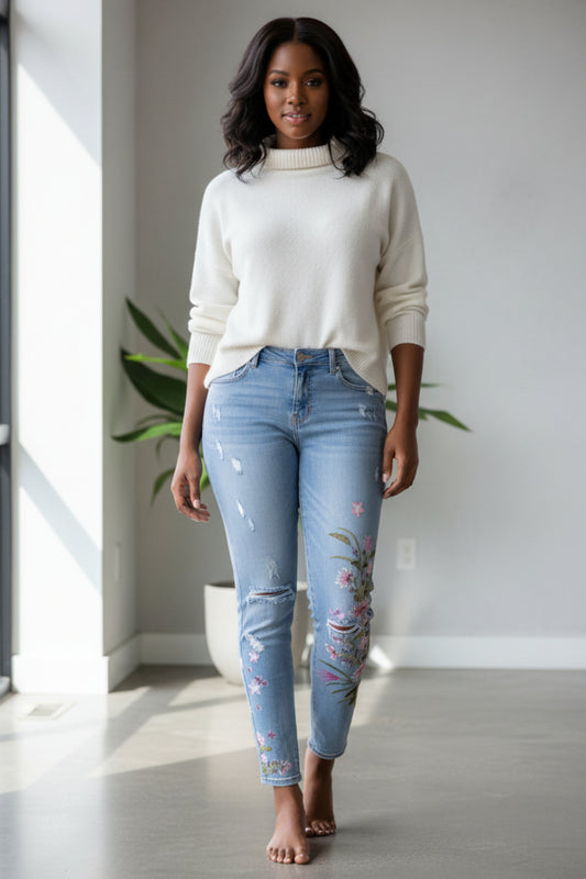 Spring Floral Embroidery High-Waisted Distressed Jeans