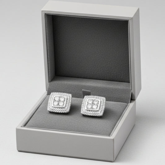 Diamond Square Milgrain Stud Earrings in White Gold Plated Sterling Silver | The Pretty Pistol