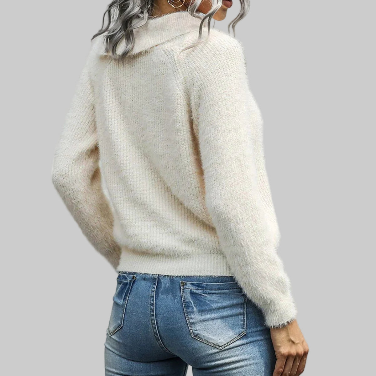 Women's Fuzzy Knit Button Shoulder Sweater in Cream – Fold-Over Collar Eyelash Knit Pullover One Size | The Pretty Pistol