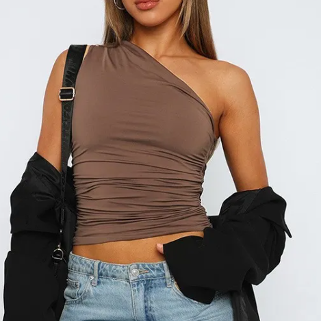 Elegant One-Shoulder Ruched Backless Top in Brown – Sizes S-L | The Pretty Pistol