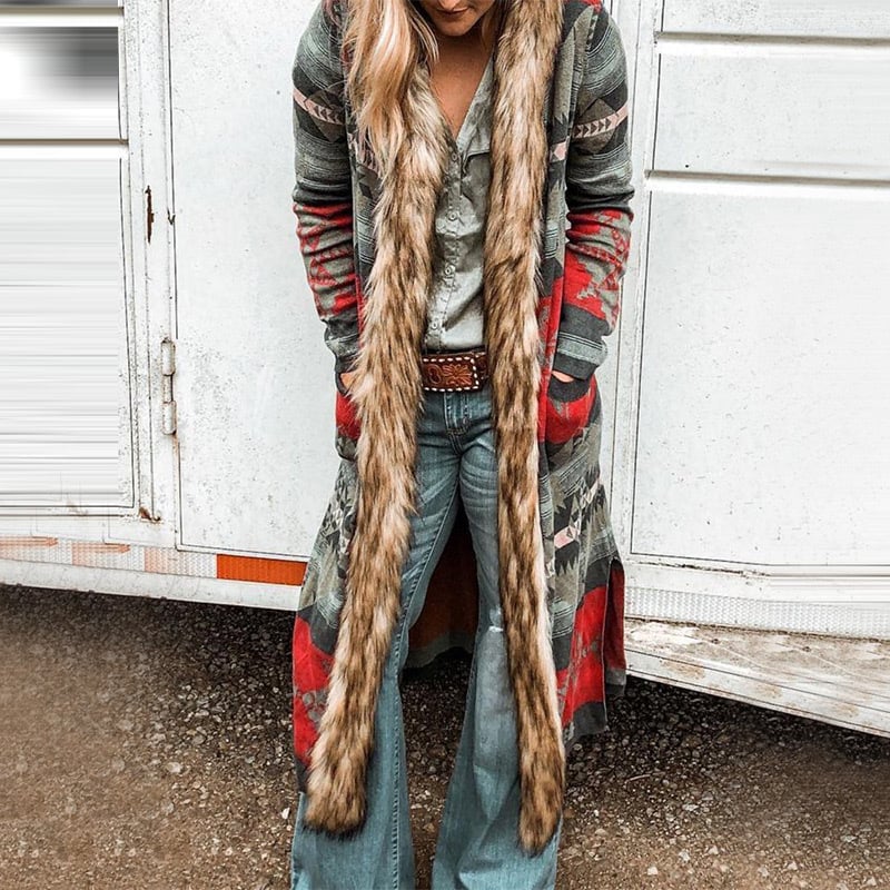 Winter Fur Collar Long Sleeve Print Coat
