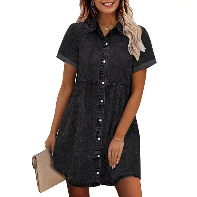Washed Denim Babydoll Shirt Dress in Black – Sizes S-2XL | The Pretty Pistol
