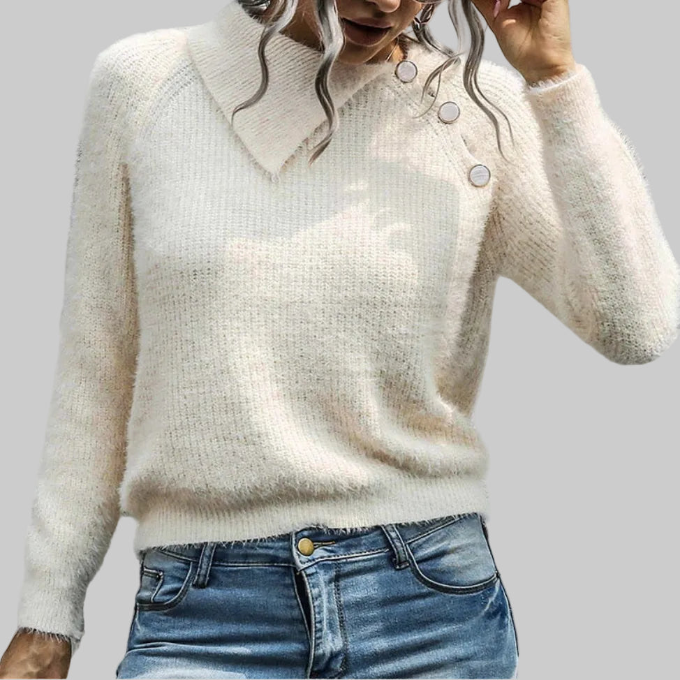 Women's Fuzzy Knit Button Shoulder Sweater in Cream – Fold-Over Collar Eyelash Knit Pullover One Size | The Pretty Pistol