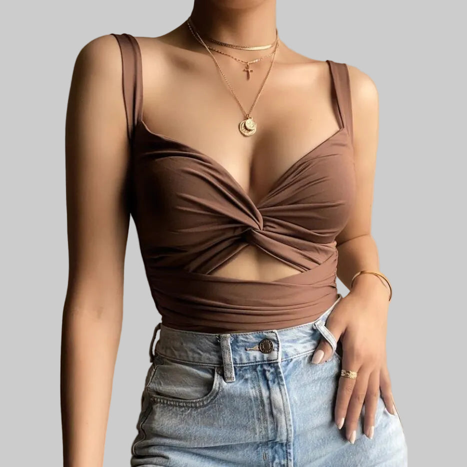  Women’s Twist-Front Cutout Tank in Mocha Brown – V Neck, Front Cutout, Tie-Back Detail, Sizes S–XL | The Pretty Pistol