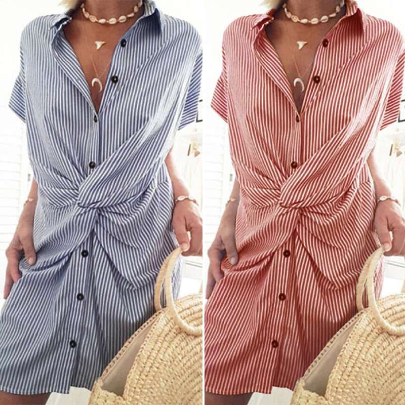 Summer Breeze Cotton Striped Shirt Dress