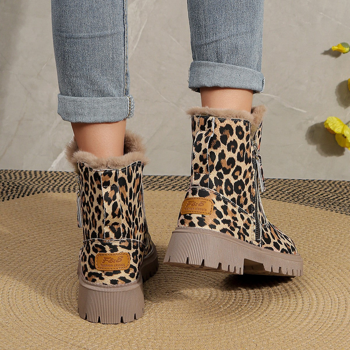 Plus Size Short Martin Boots with Leopard Print for Women