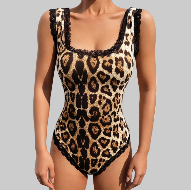 Women’s Wild Side Lace-Up Back Bodysuit in Leopard Print – Lace Trim, Square Neckline, Ribbon Back, Sizes S–L | The Pretty Pistol