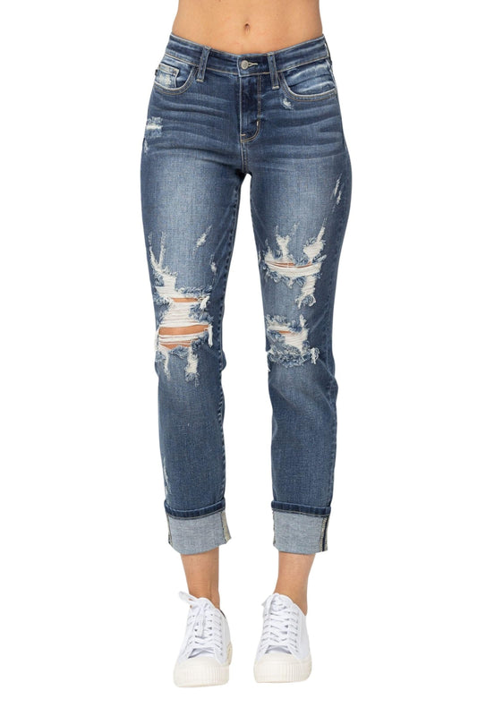 Judy Blue Midrise Cuffed Destroy Boyfriend Jeans