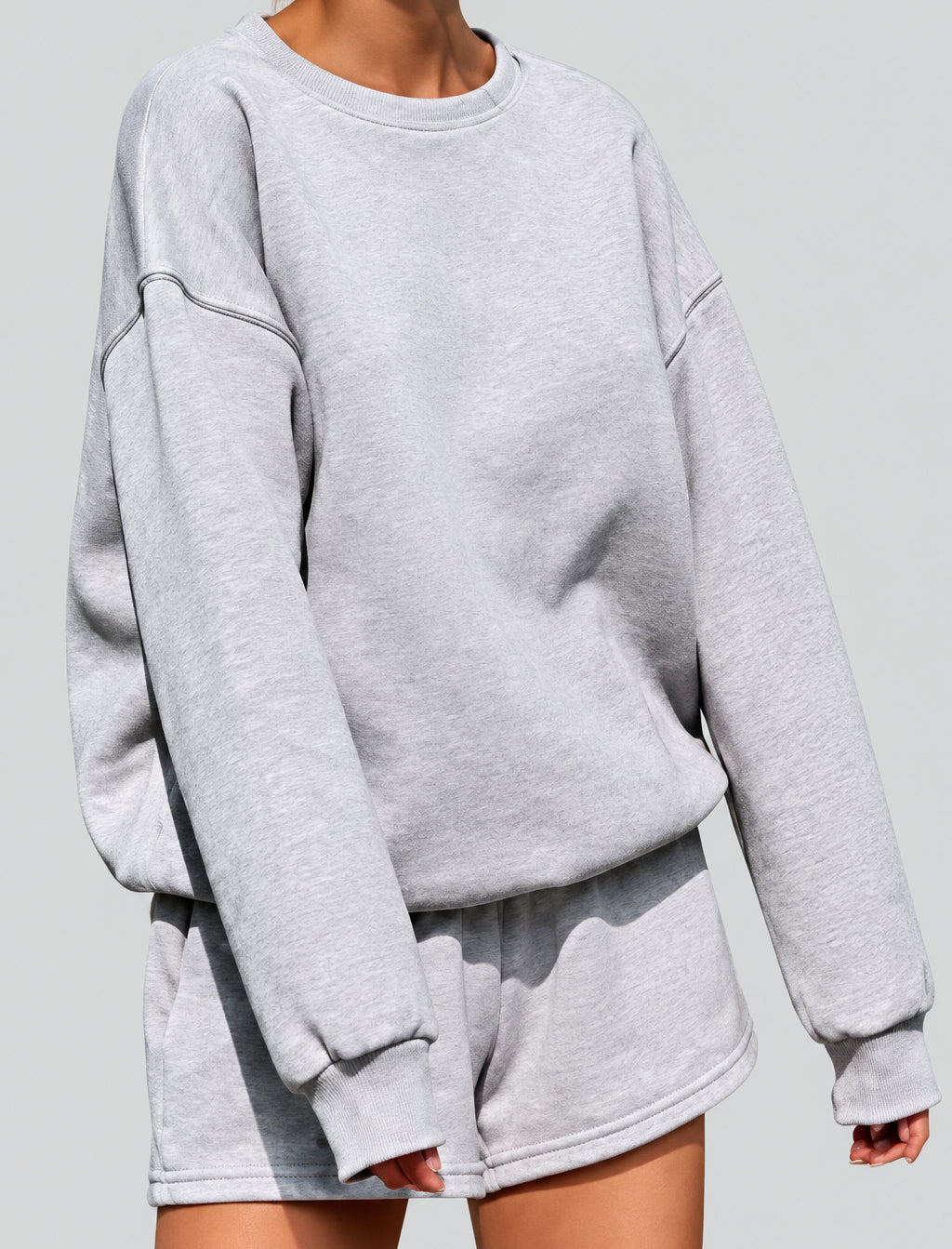 Women’s Off Duty Crewneck Sweatshirt & Shorts Set in Gray – Dropped Shoulders and Pull-On Shorts, Sizes S–XL | The Pretty Pistol