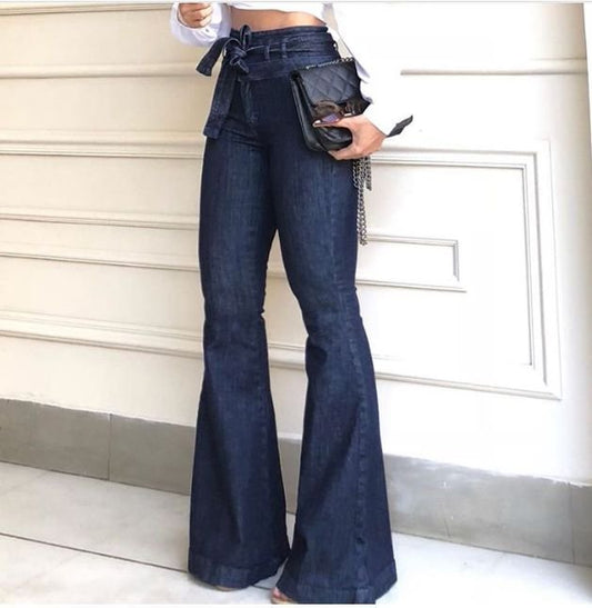 Women's High-Rise Denim Flare Jeans with Elastic Waist