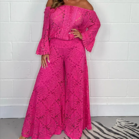 Off-Shoulder Floral Lace Blouse & Wide Leg Pants Set in Pink – S-5XL | The Pretty Pistol