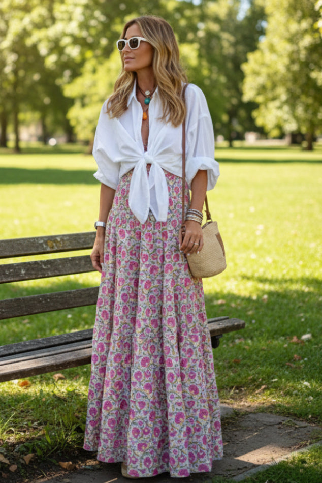 Floral High Waist Maxi Skirt in Blush Garden - Soft Floral Print Tiered A-Line Flowy Silhouette Sizes S-3XL | The Pretty Pistol