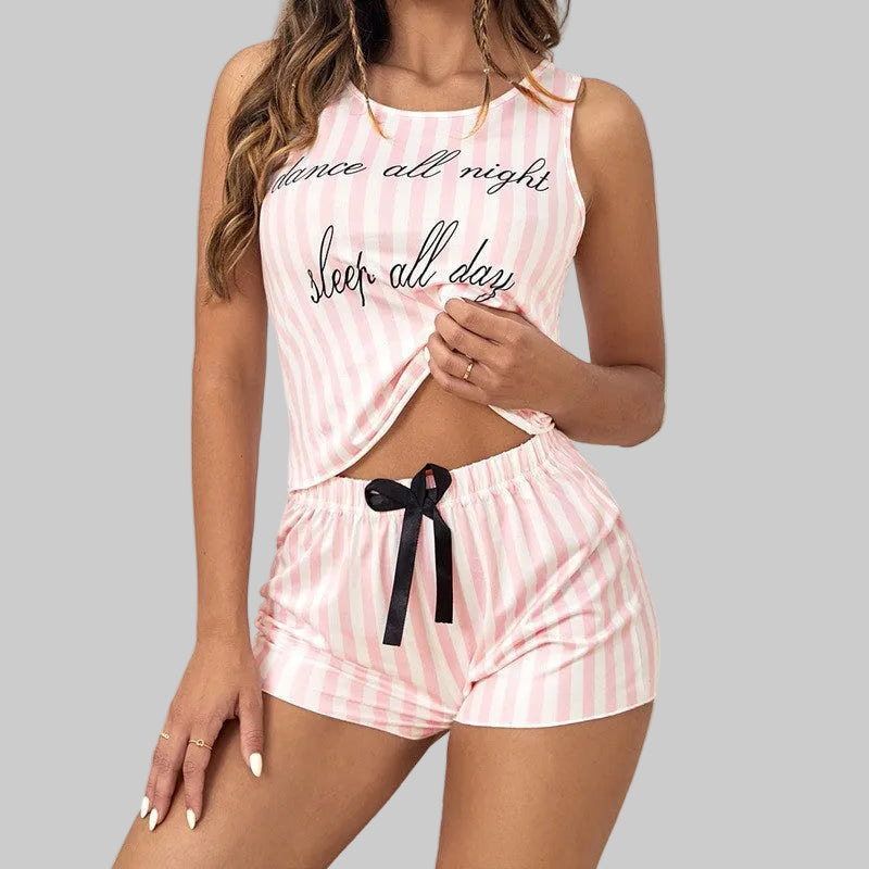 Women’s Dance All Night PJ Set in Light Pink – Striped Tank and Shorts, Black Waist Bow, Sizes S–3XL | The Pretty Pistol