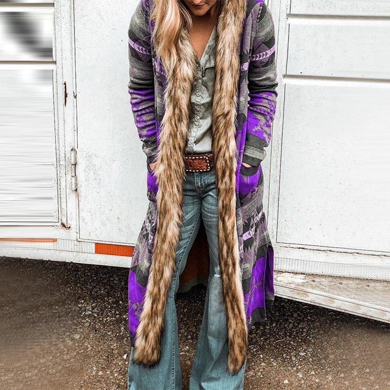 Winter Fur Collar Long Sleeve Print Coat