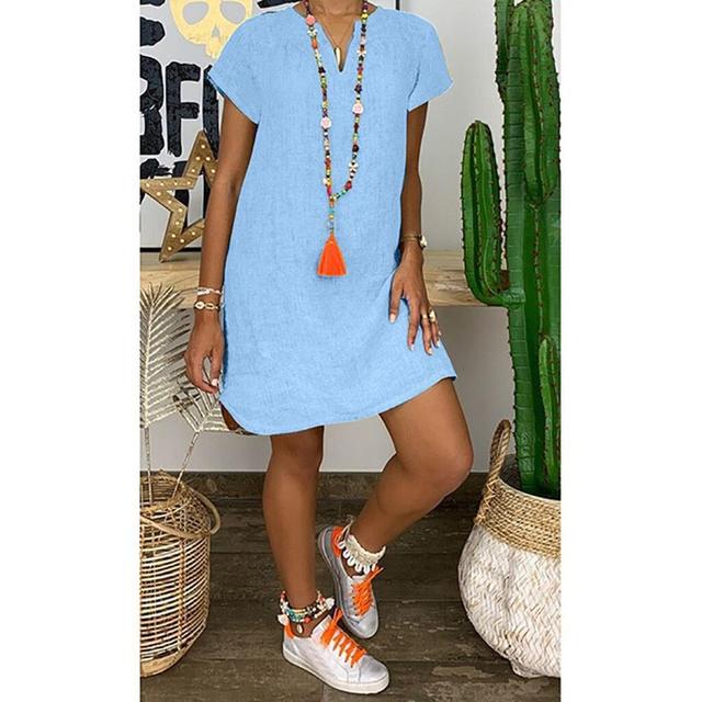 Casual V-Neck Cotton Linen Dress in Several Colors up to 5XL