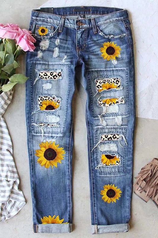 Ripped Jeans with Sunflower and Cheetah Patches for Women up to 2XL.