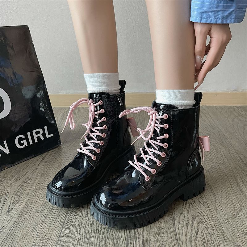 Pink Bow Patent Leather Martin Boots for Women